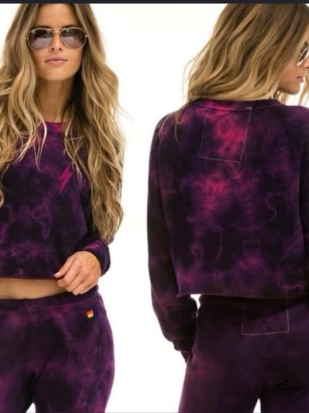 Aviator Nation Purple Tie-Dye Crop Sweatshirt Stitched Lightning Bolt Medium